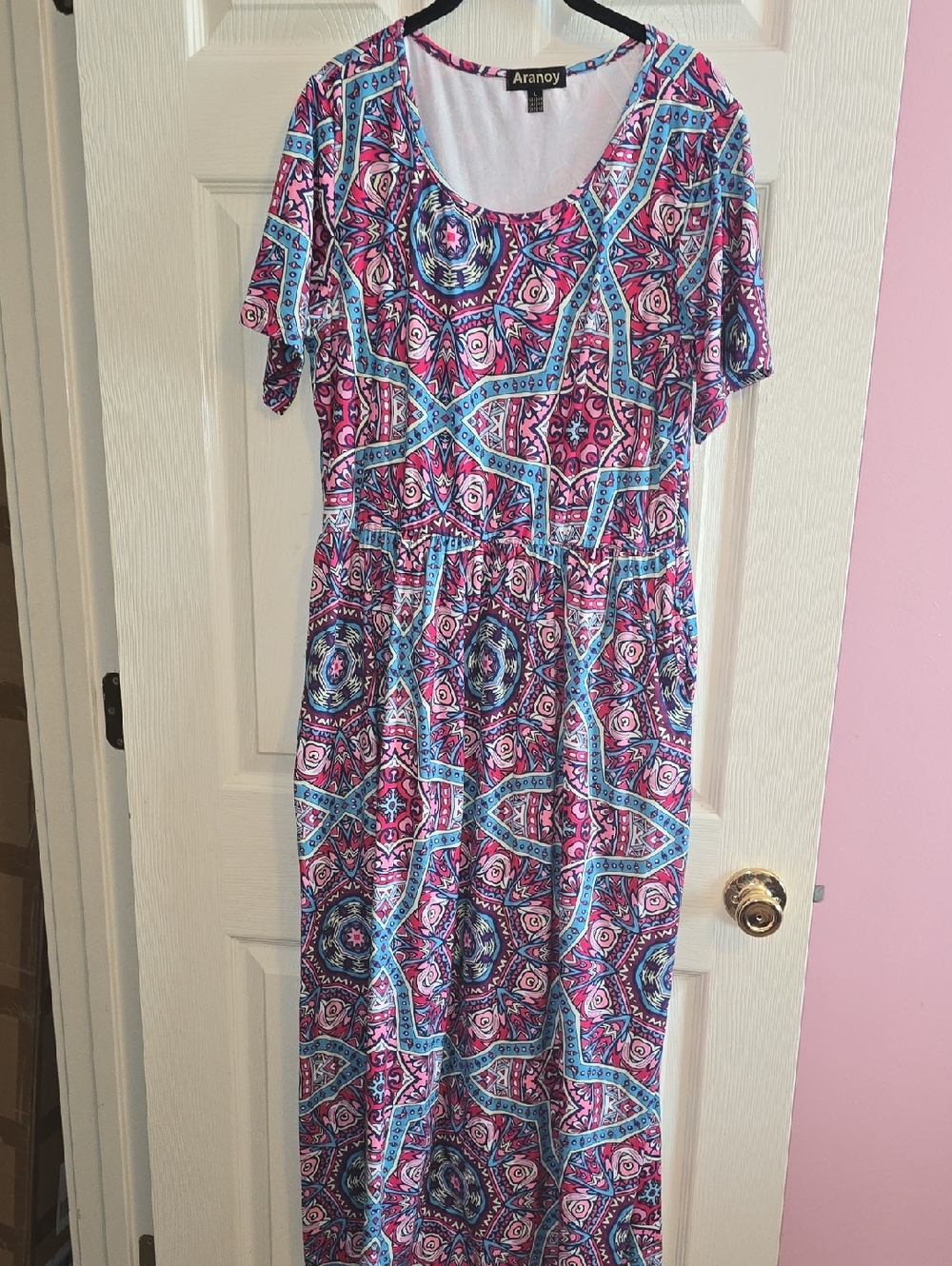 Pink and Blue Printed Maxi Dress with Scoop Neck